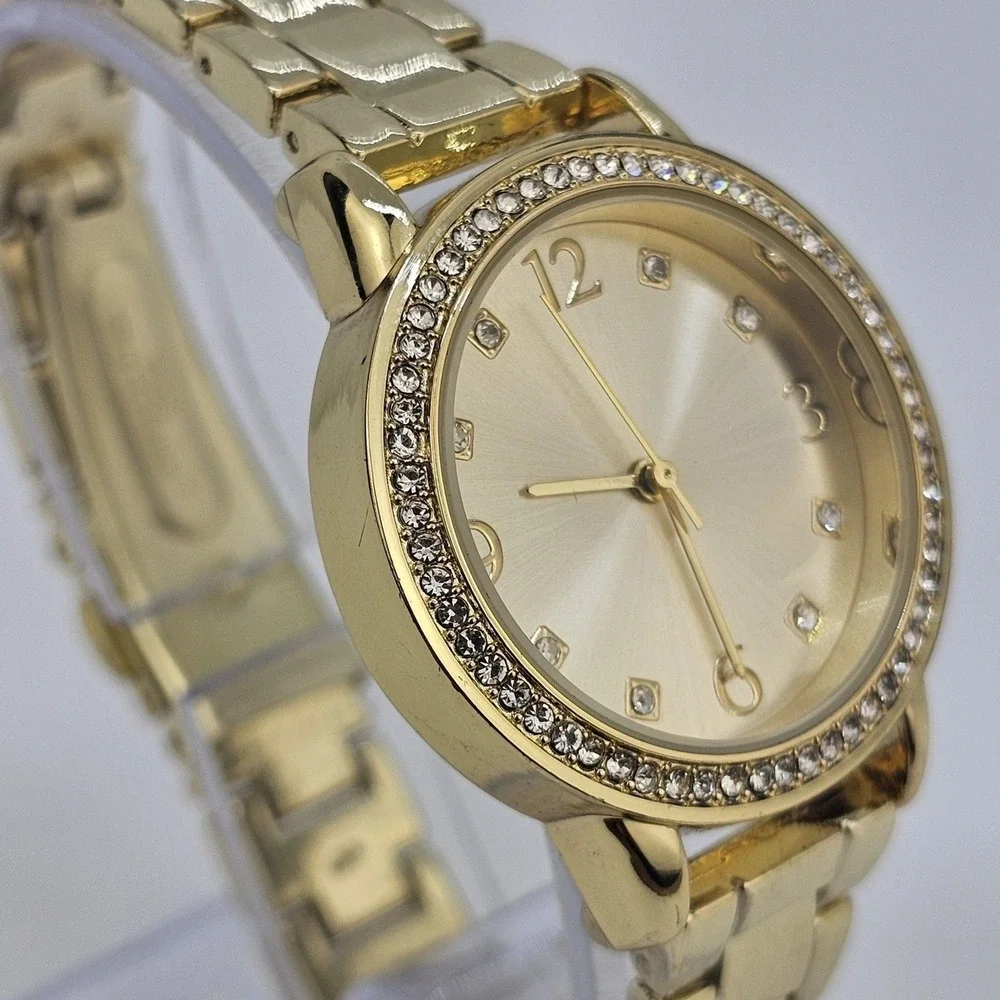 32MM Women's Watch Gold Dial Crystal Bezel Gold Bracelet Band New Battery‎